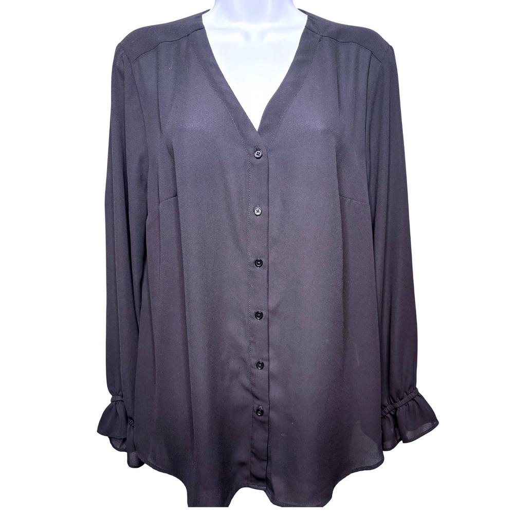 T TAHARI‎ Black Button Down Blouse w/ Ruffle Cuffs Sz L Career Minimalist Flowy